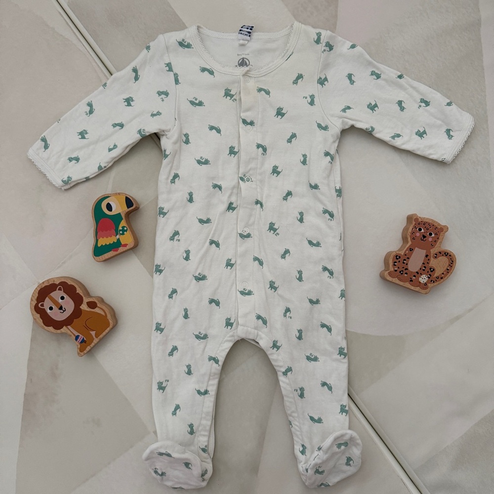 Petit Bateau Bodypyjama Cotton Baby Pyjama Footie 9M - Green Cat Print - Picture 6 of 11
